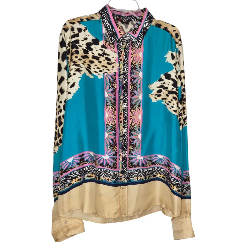 Roberto Cavalli Vintage Mens Silk Shirt XL Turquoise Blue Leopard Maximalist Y2K